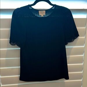 Sezane black pointelle Lace short Sleeve Top